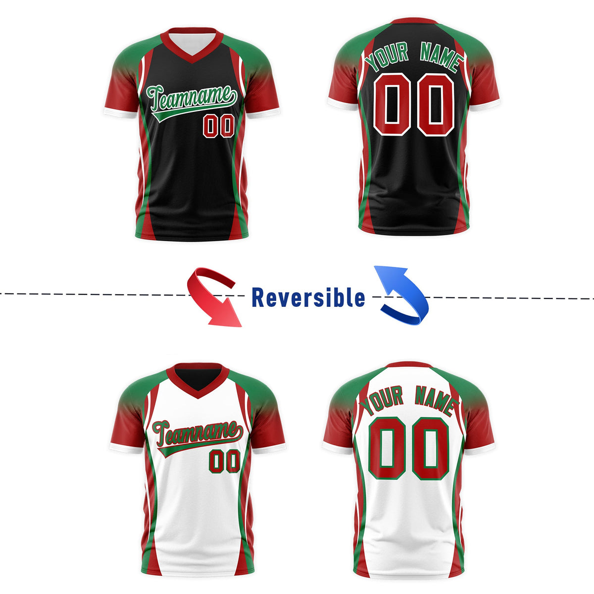 Custom Black Kelly Green Red Reversible Wrinkle-Resistant T-shirt| KXKSHOP