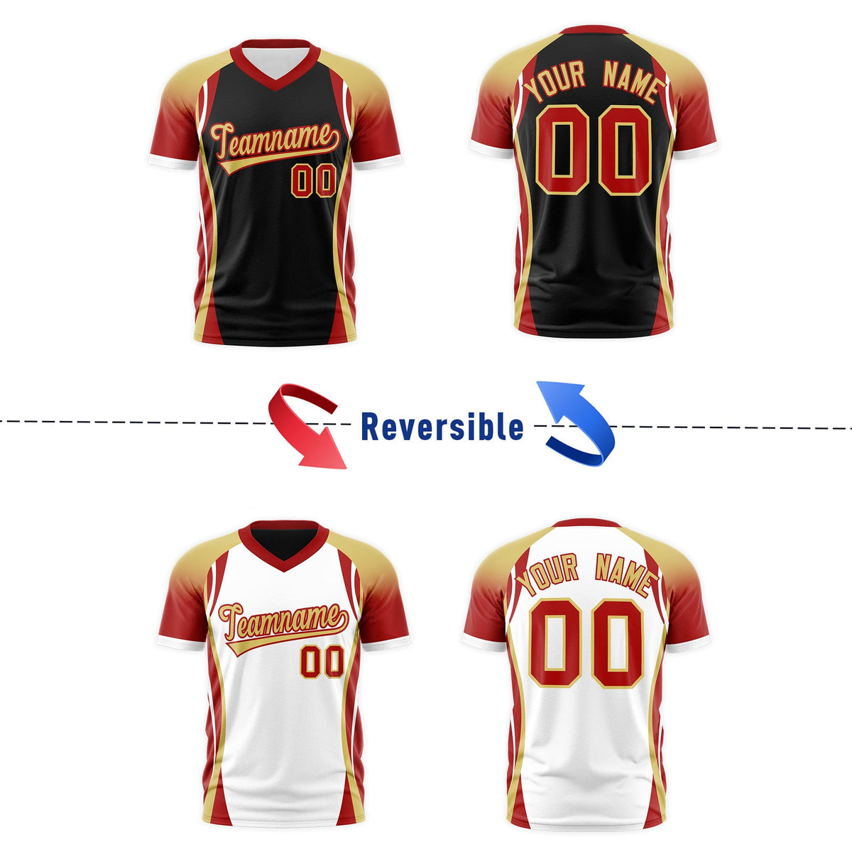Custom Black Old Gold Red Reversible Breathable T-shirt| KXKSHOP