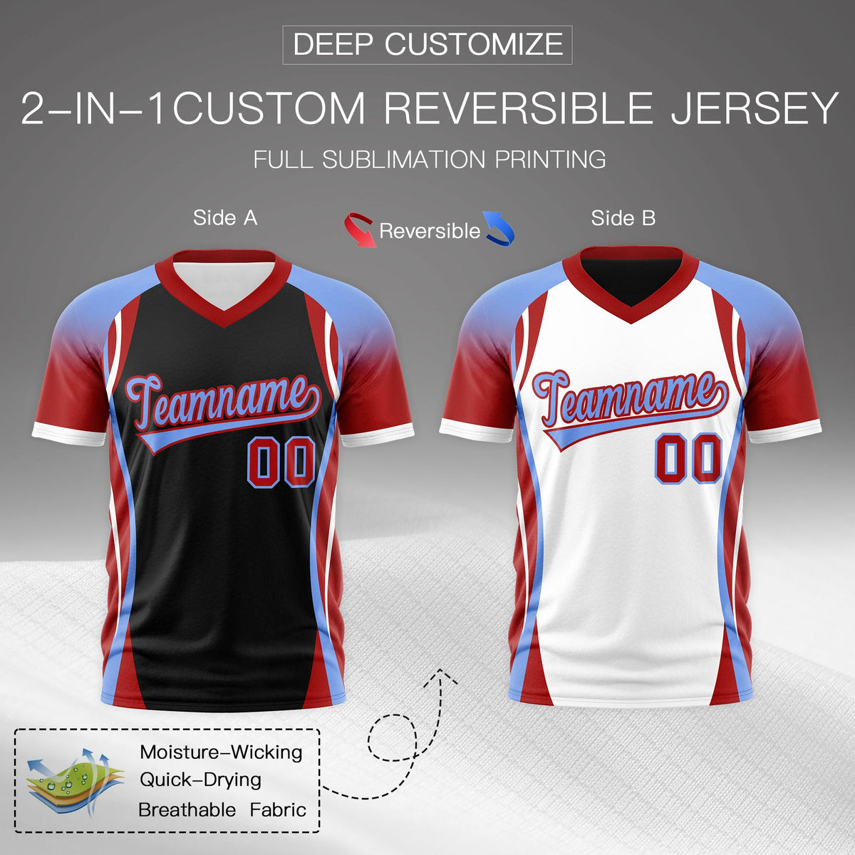 Custom Black Light Blue Red Reversible Breathable T-shirt| KXKSHOP