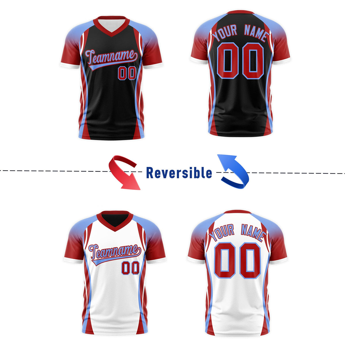 Custom Black Light Blue Red Reversible Breathable T-shirt| KXKSHOP