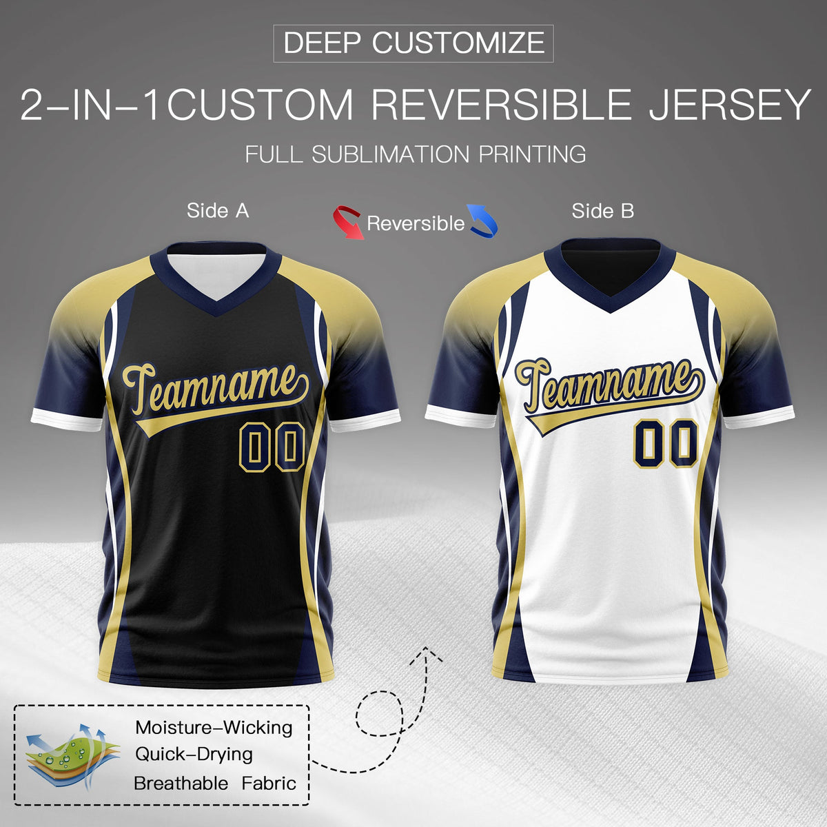 Custom Black Old Gold Navy Reversible Wrinkle-Resistant T-shirt| KXKSHOP