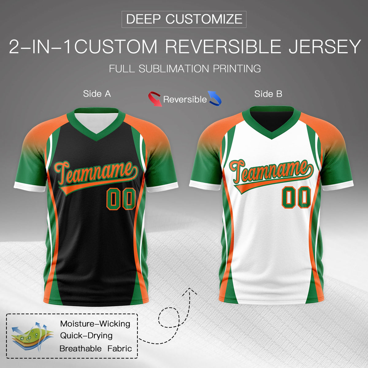 Custom Black Orange Kelly Green Reversible Breathable T-shirt| KXKSHOP