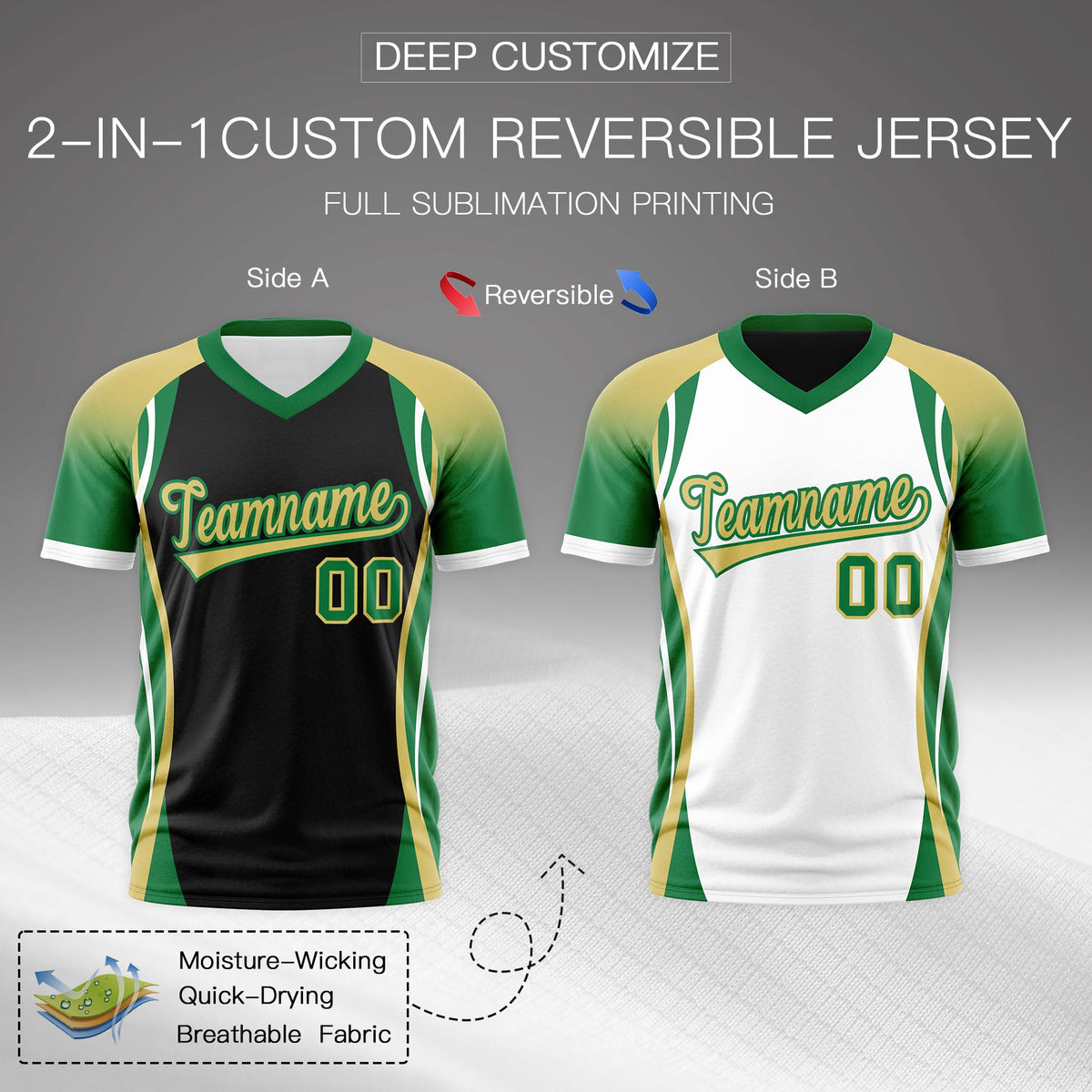 Custom Black Old Gold Kelly Green Reversible Breathable T-shirt| KXKSHOP