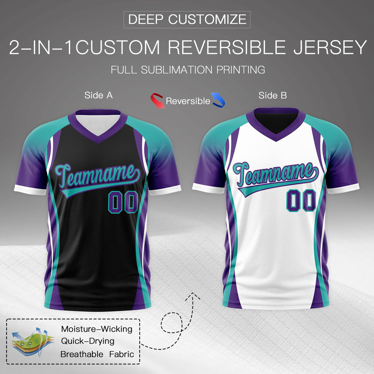 Custom Black Aqua Purple Reversible Wrinkle-Resistant T-shirt| KXKSHOP