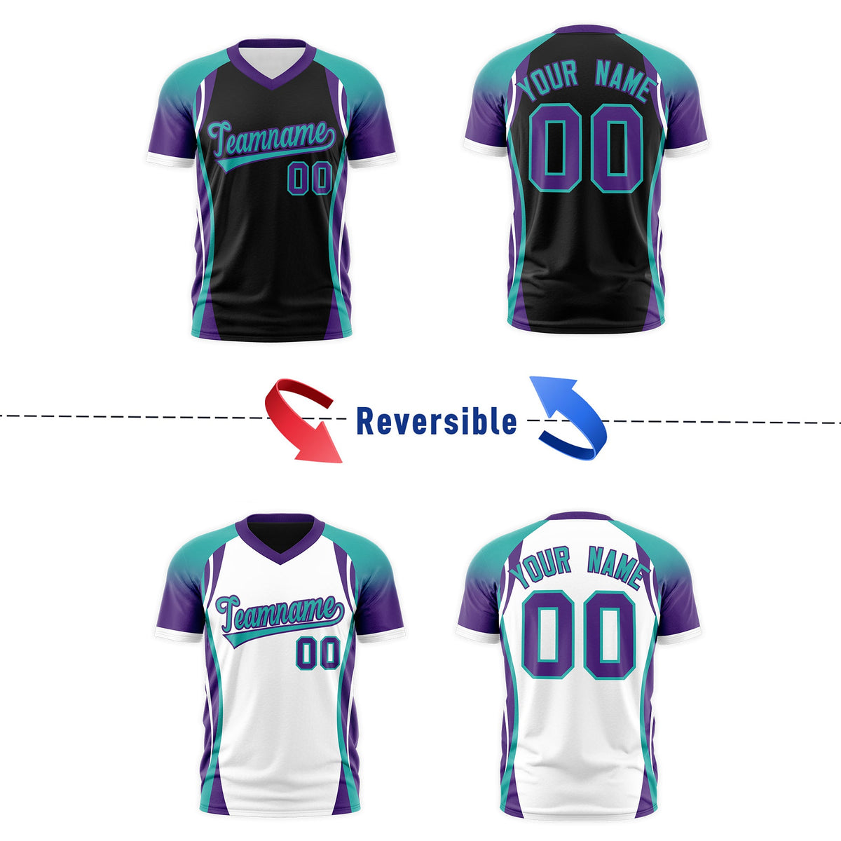 Custom Black Aqua Purple Reversible Wrinkle-Resistant T-shirt| KXKSHOP