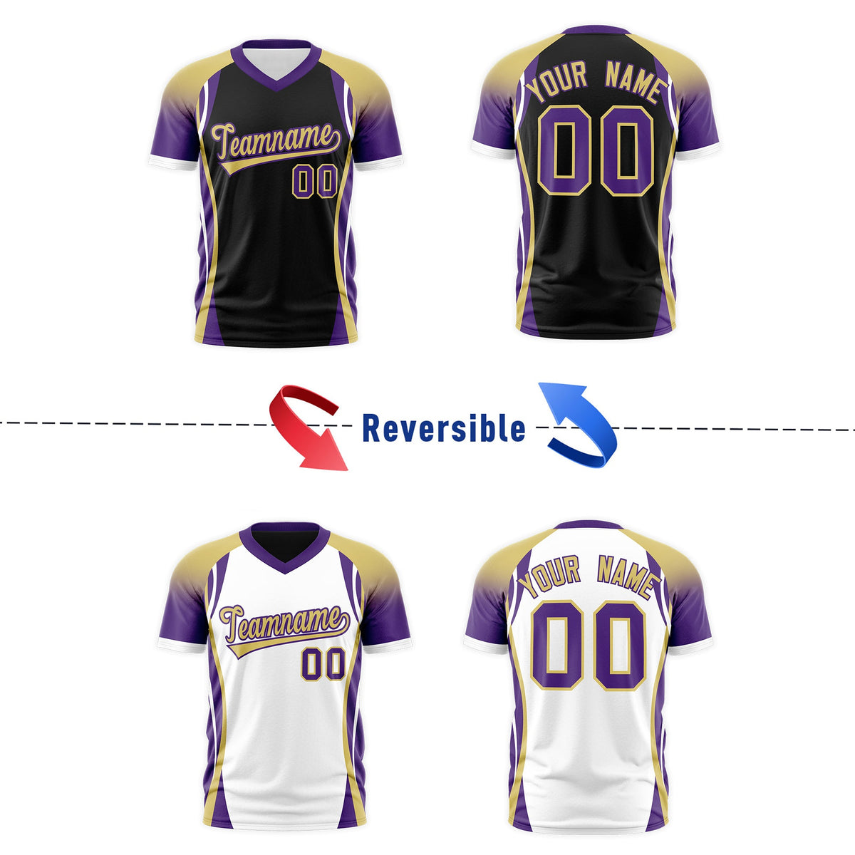 Custom Black Old Gold Purple Reversible Breathable T-shirt| KXKSHOP