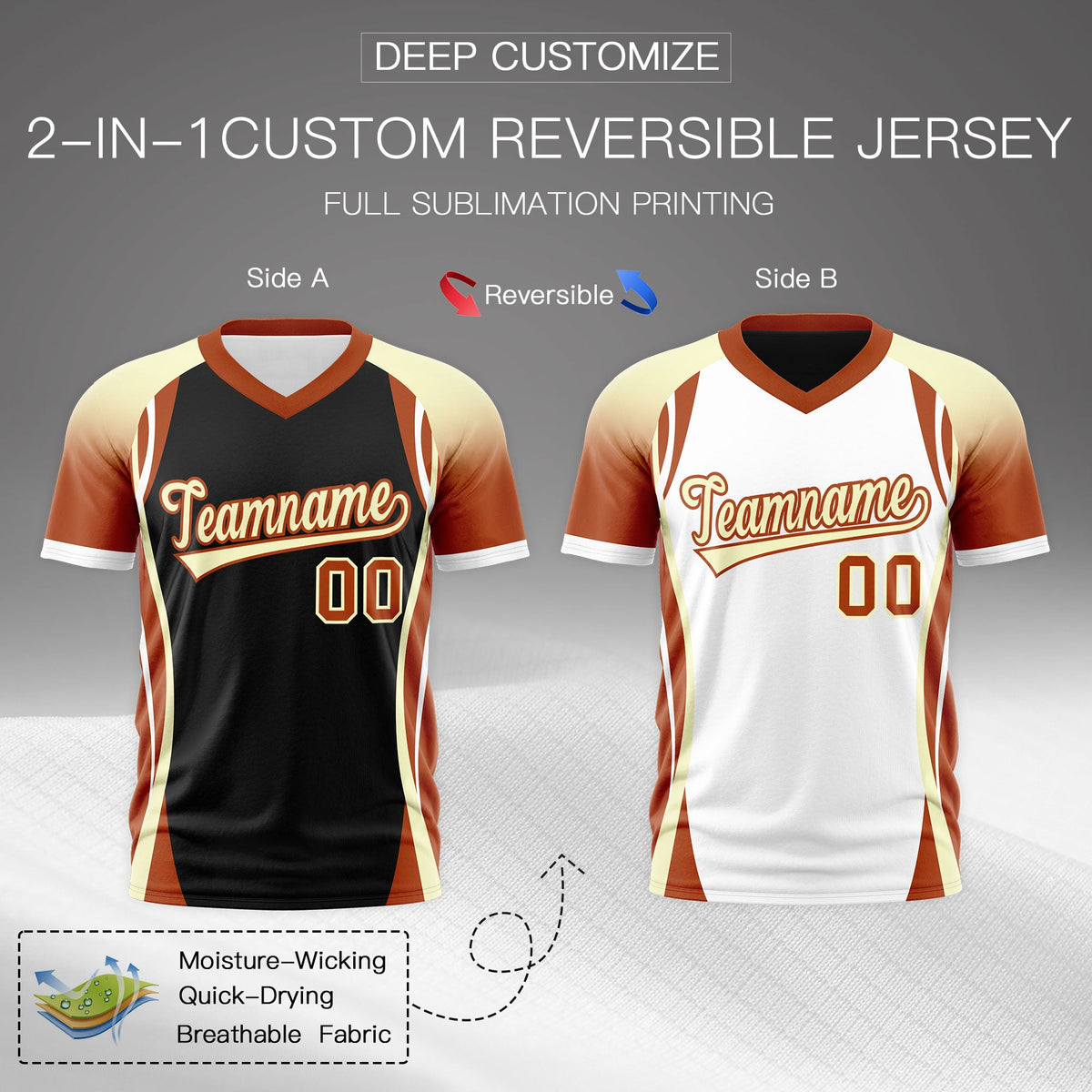 Custom Black Cream Dark Orange Reversible Breathable T-shirt| KXKSHOP