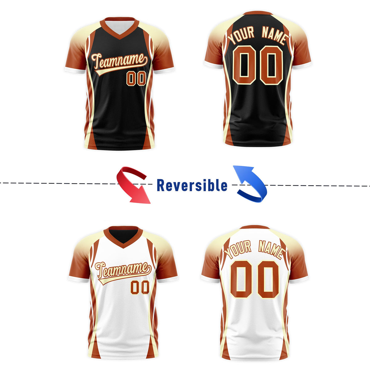 Custom Black Cream Dark Orange Reversible Breathable T-shirt| KXKSHOP
