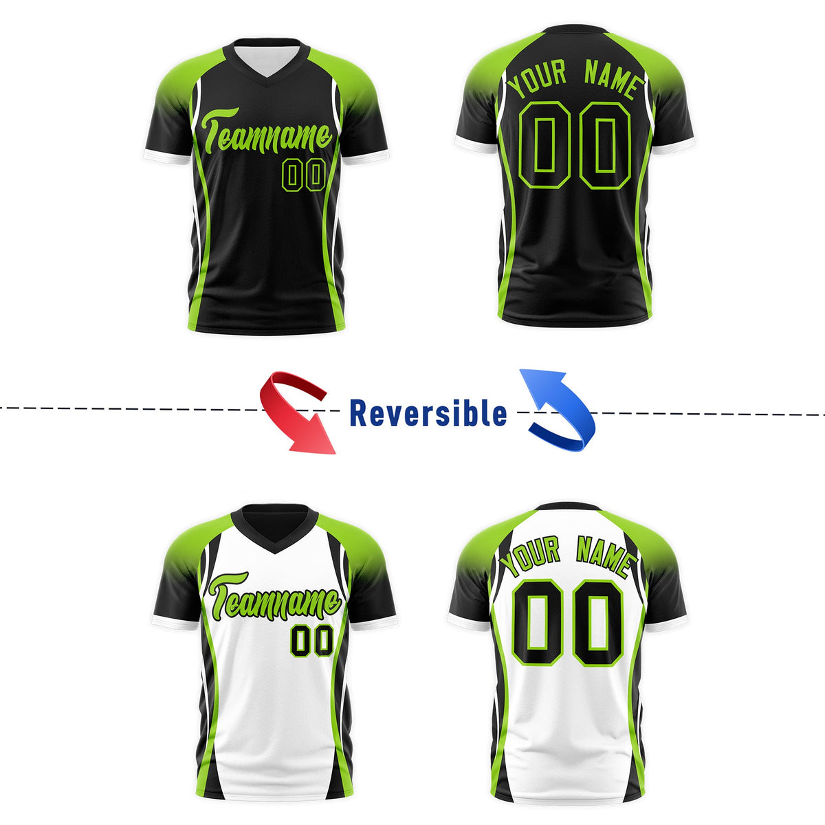 Custom Black Neon Green White Reversible Wrinkle-Resistant T-shirt| KXKSHOP