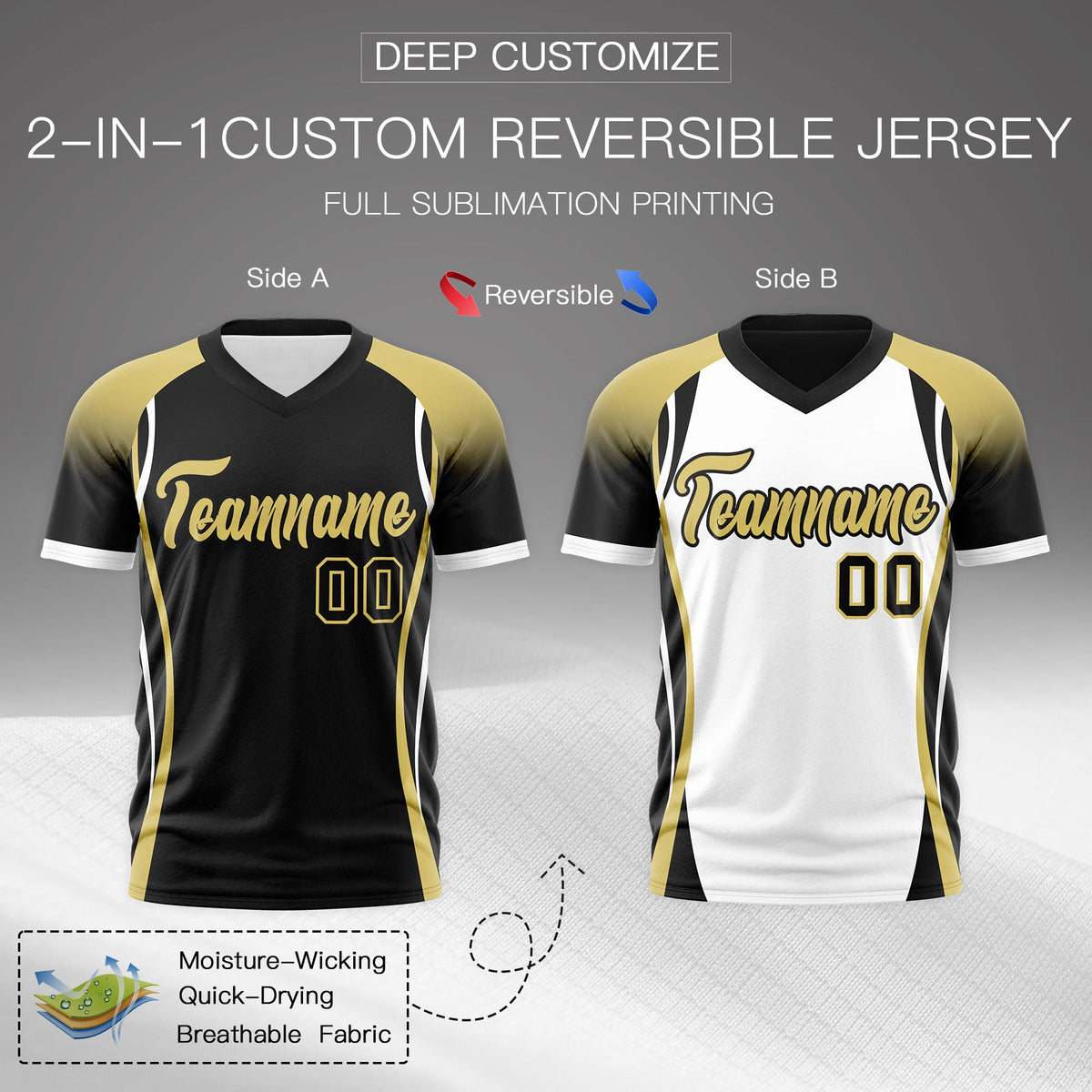 Custom Black Old Gold White Reversible Wrinkle-Resistant T-shirt| KXKSHOP