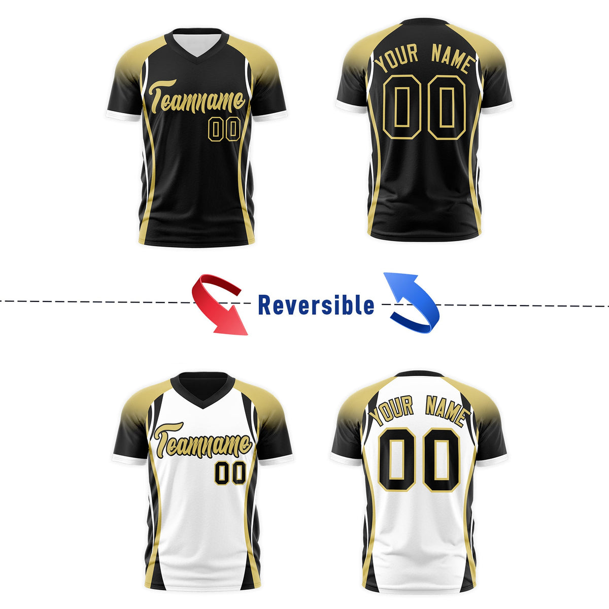 Custom Black Old Gold White Reversible Wrinkle-Resistant T-shirt| KXKSHOP