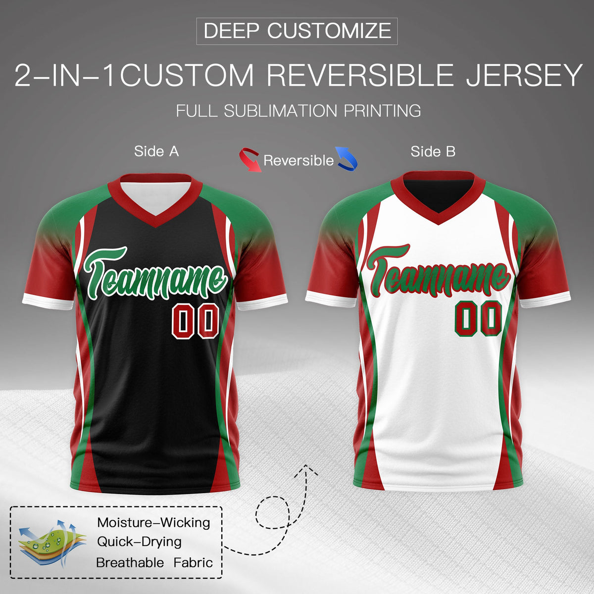 Custom Black Kelly Green Red Reversible Wrinkle-Resistant T-shirt| KXKSHOP
