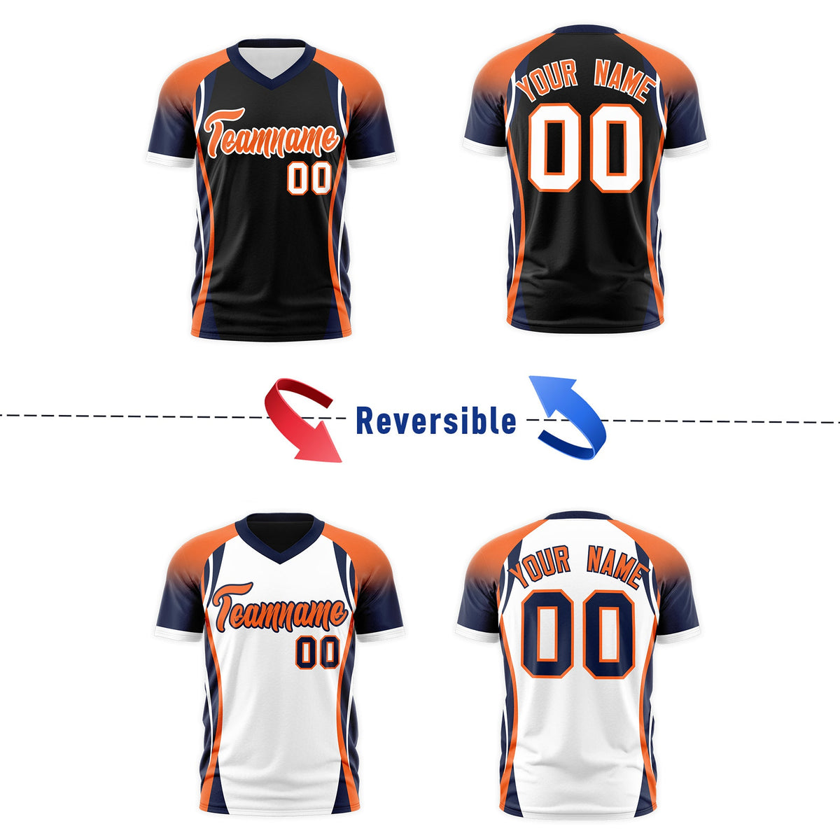 Custom Black Orange Navy Reversible Wrinkle-Resistant T-shirt| KXKSHOP