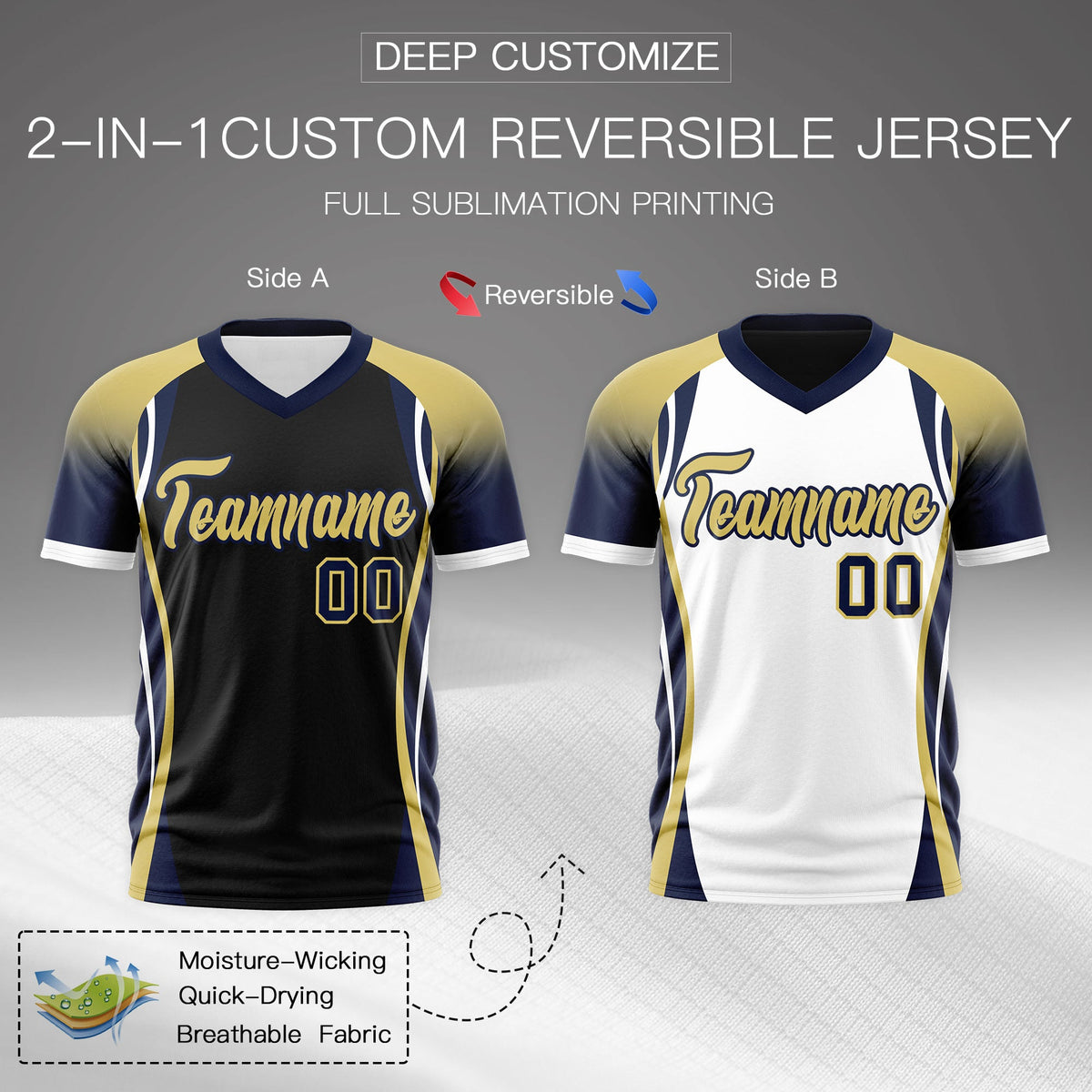 Custom Black Old Gold Navy Reversible Wrinkle-Resistant T-shirt| KXKSHOP