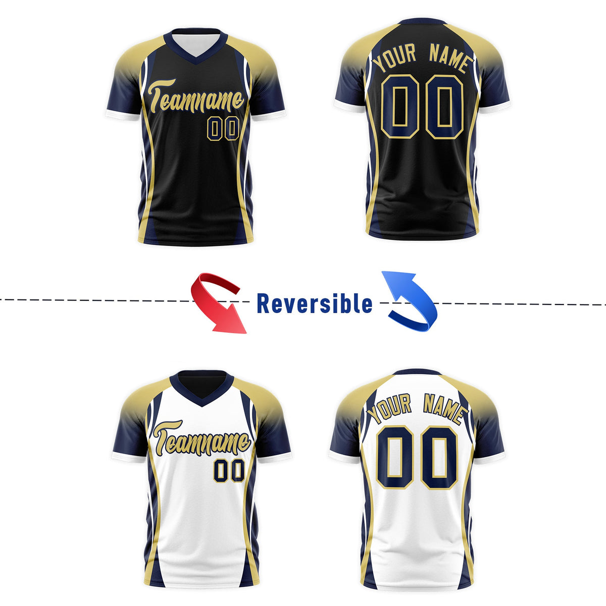 Custom Black Old Gold Navy Reversible Wrinkle-Resistant T-shirt| KXKSHOP