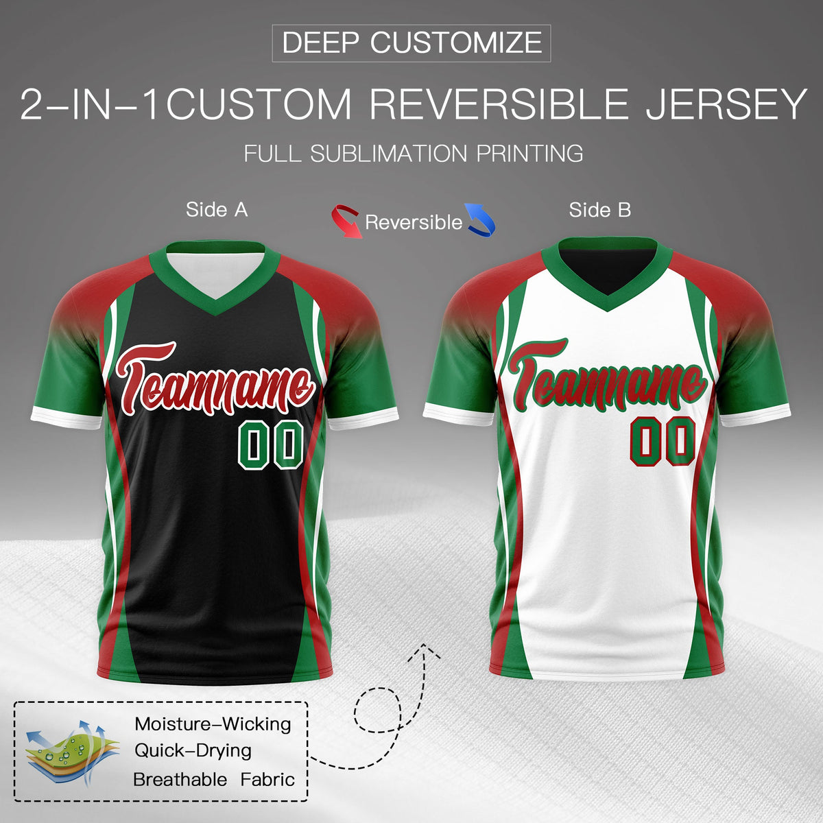 Custom Black Red Kelly Green Reversible Wrinkle-Resistant T-shirt| KXKSHOP