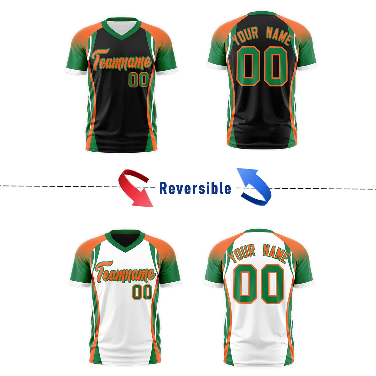 Custom Black Orange Kelly Green Reversible Breathable T-shirt| KXKSHOP