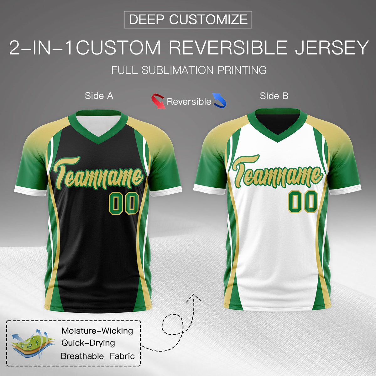 Custom Black Old Gold Kelly Green Reversible Breathable T-shirt| KXKSHOP