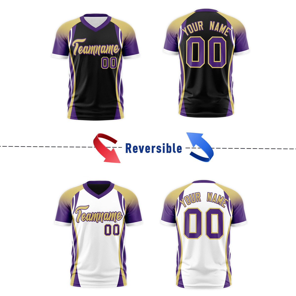 Custom Black Old Gold Purple Reversible Breathable T-shirt| KXKSHOP