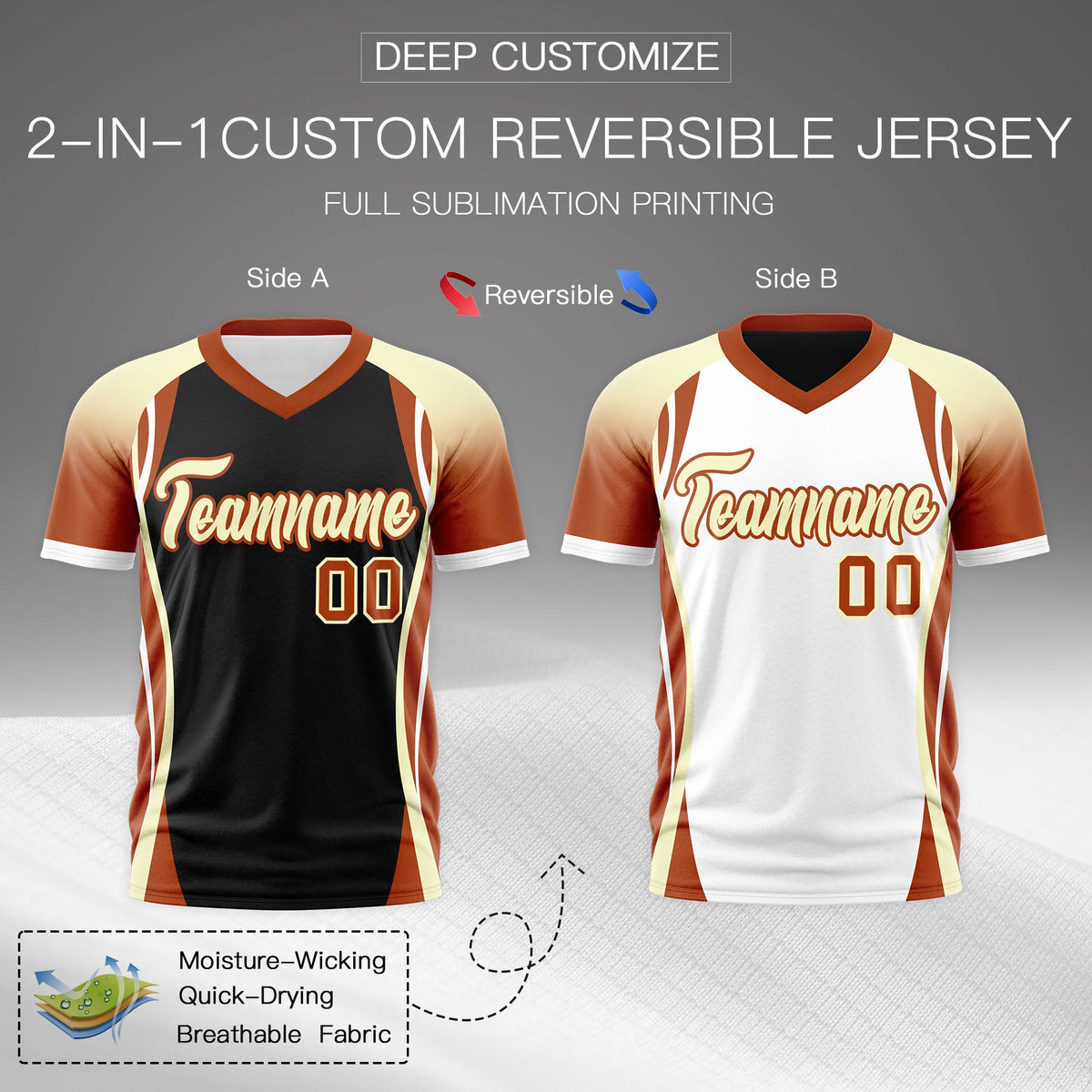 Custom Black Cream Dark Orange Reversible Breathable T-shirt| KXKSHOP