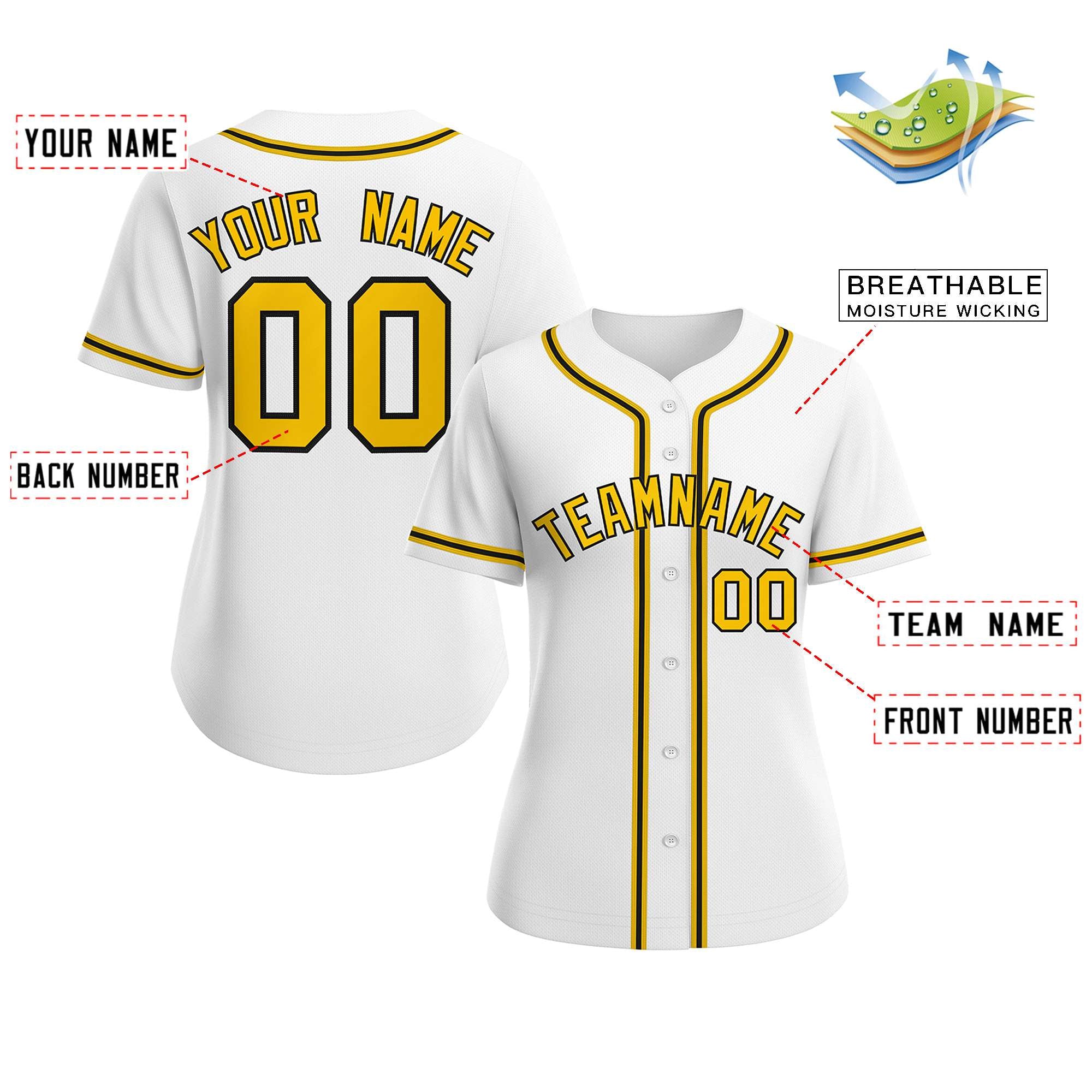Custom White Gold-Black Classic Style Baseball Jersey For Women