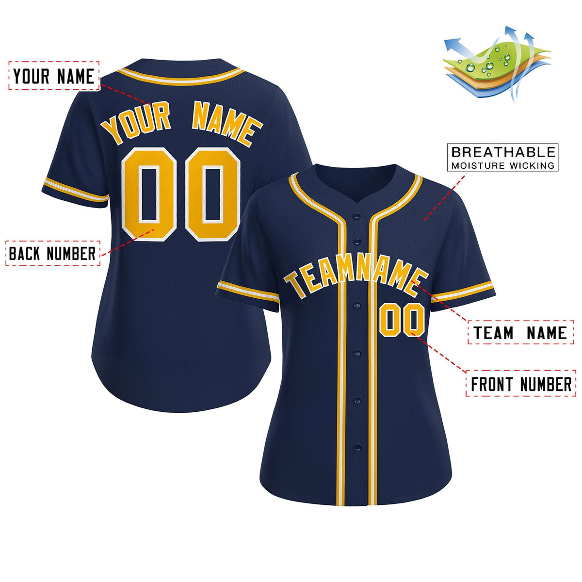 Custom Navy Yellow-White Classic Style Baseball Jersey For Women