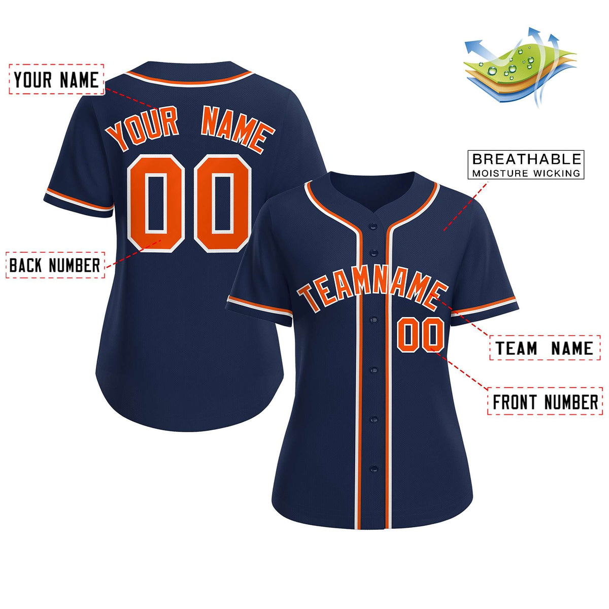 Custom Navy Orange-White Classic Style Baseball Jersey For Women