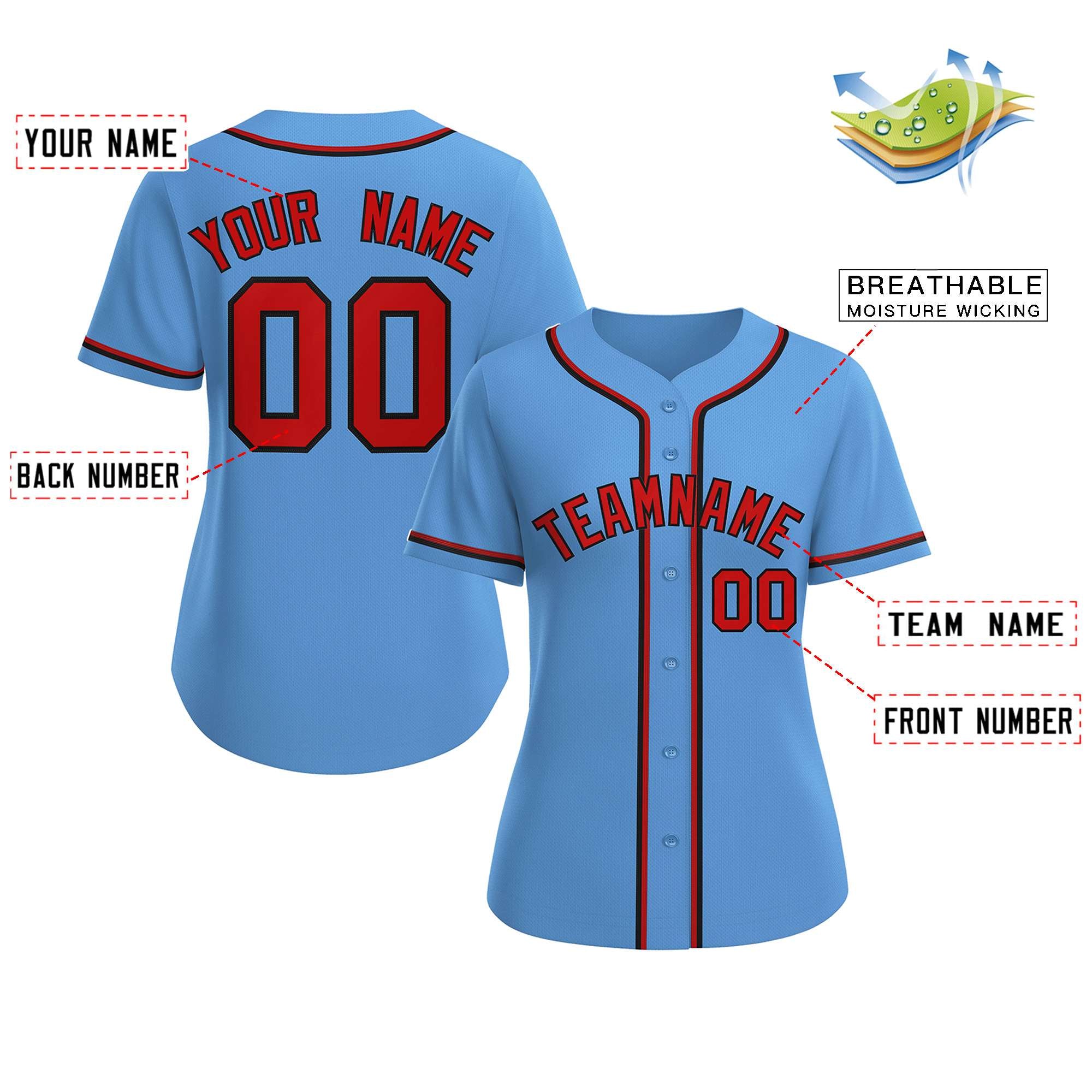 Custom Light Blue Red-Black Classic Style Baseball Jersey For Women