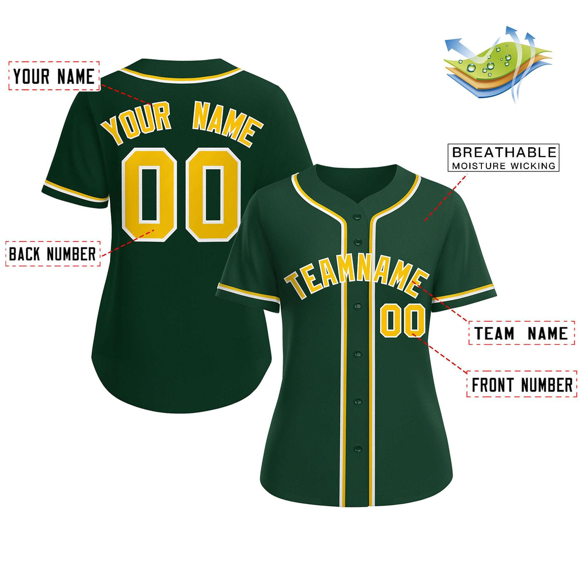 Custom Green Gold-White Classic Style Baseball Jersey For Women