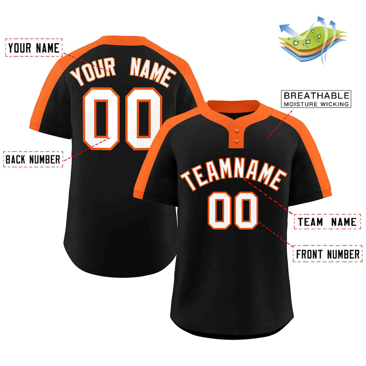 Custom Black White-Orange Classic Style Authentic Two-Button Softball Jersey