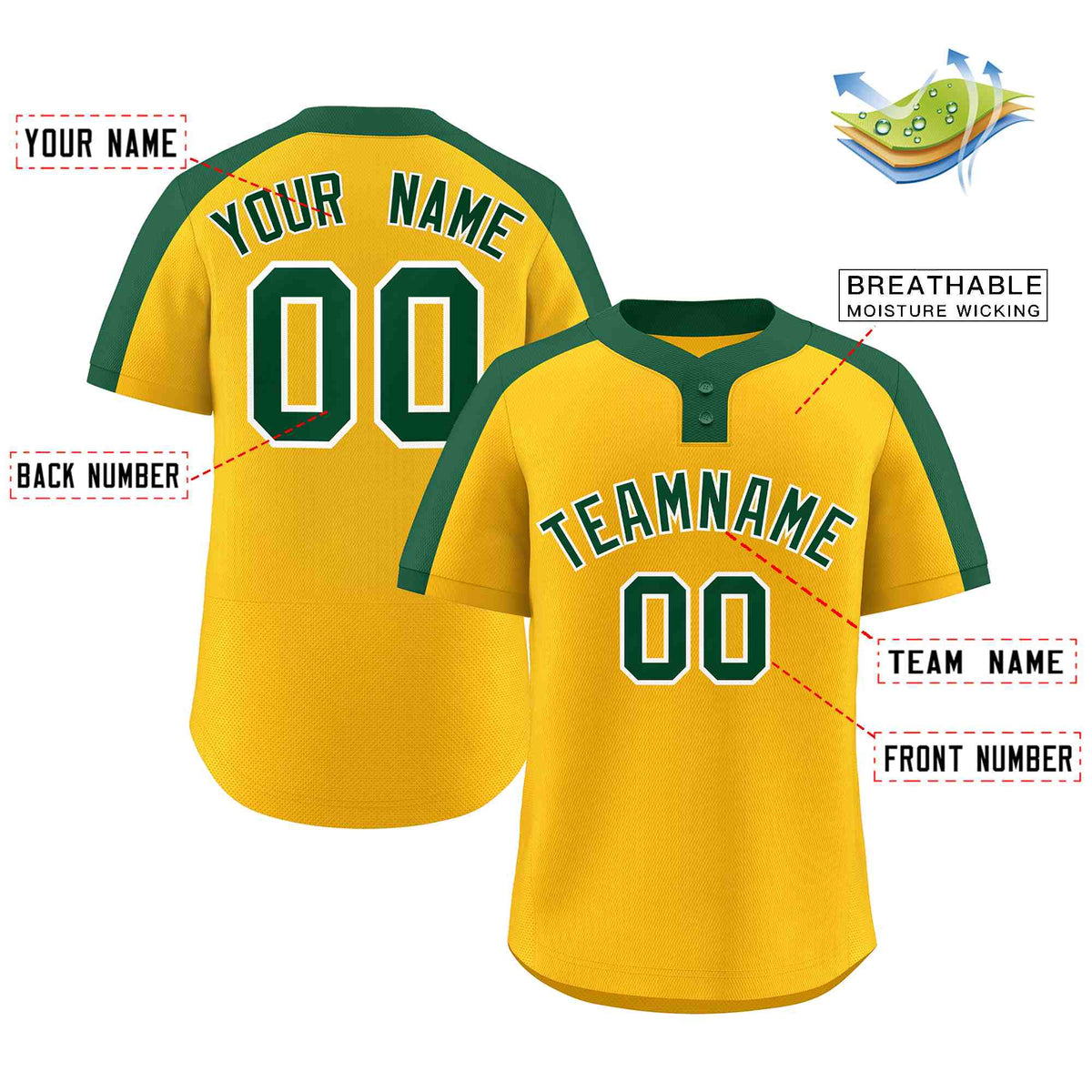 Custom Gold Green-White Classic Style Authentic Two-Button Softball Jersey