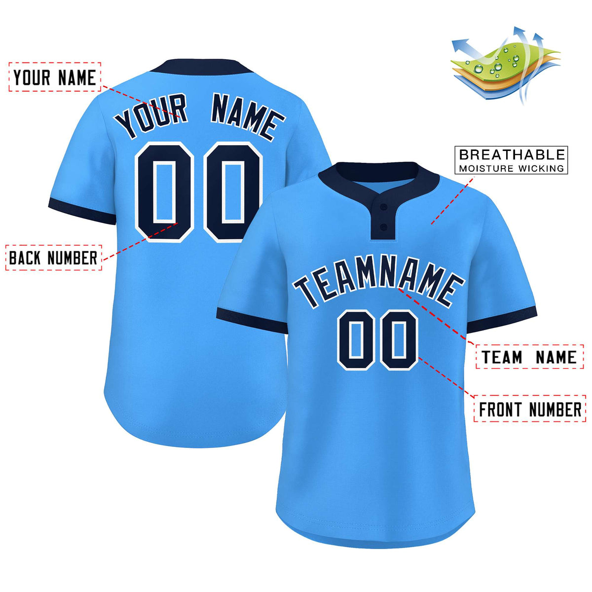 Custom Powder Blue Navy-White Classic Style Authentic Two-Button Softball Jersey