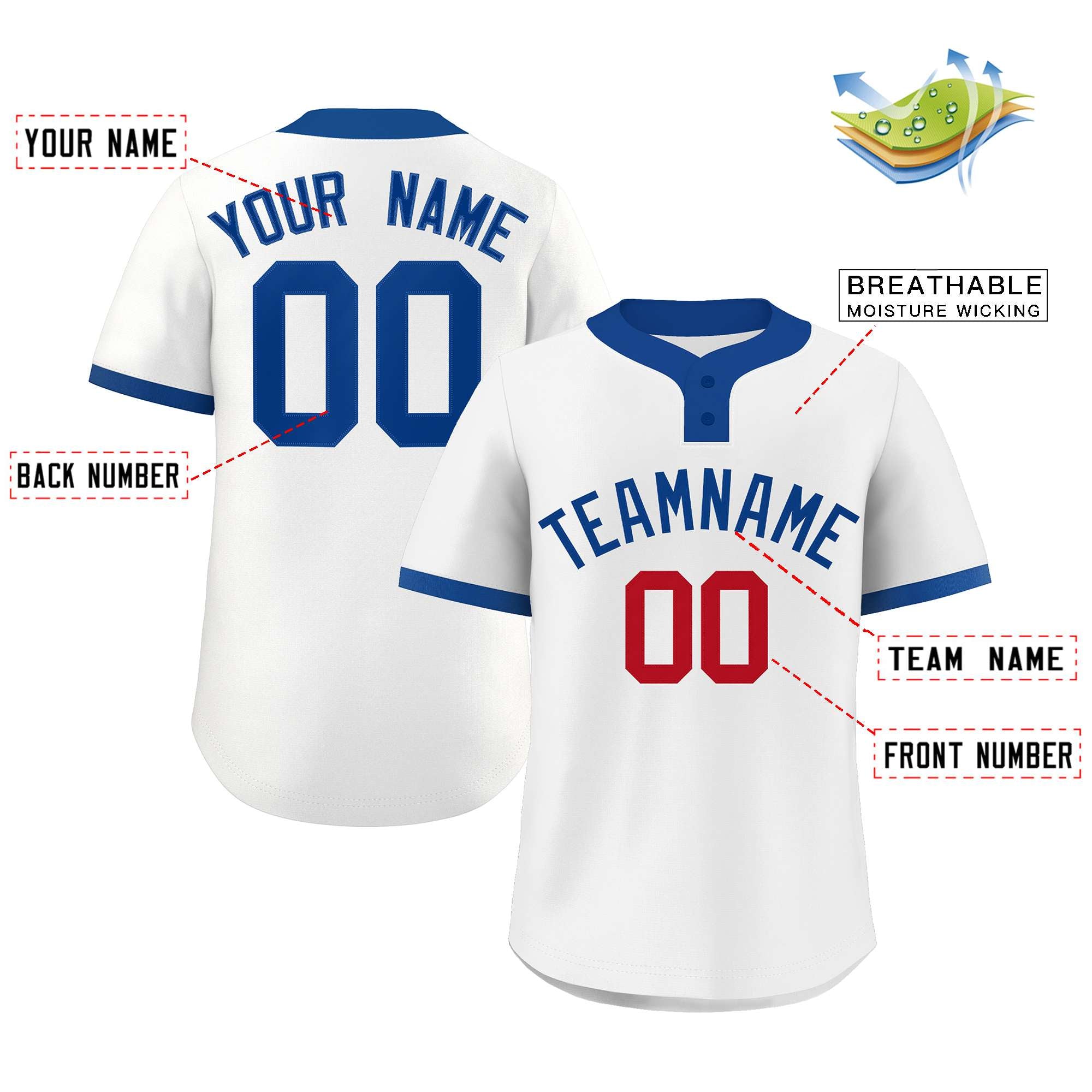 Maillot de baseball authentique à deux boutons, style classique, blanc, royal et rouge, personnalisé
