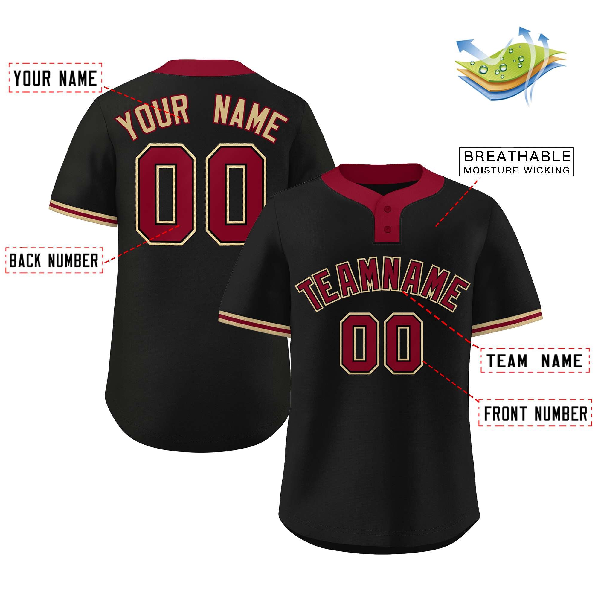 Maillot de baseball authentique à deux boutons, style classique, noir cramoisi et vieil or