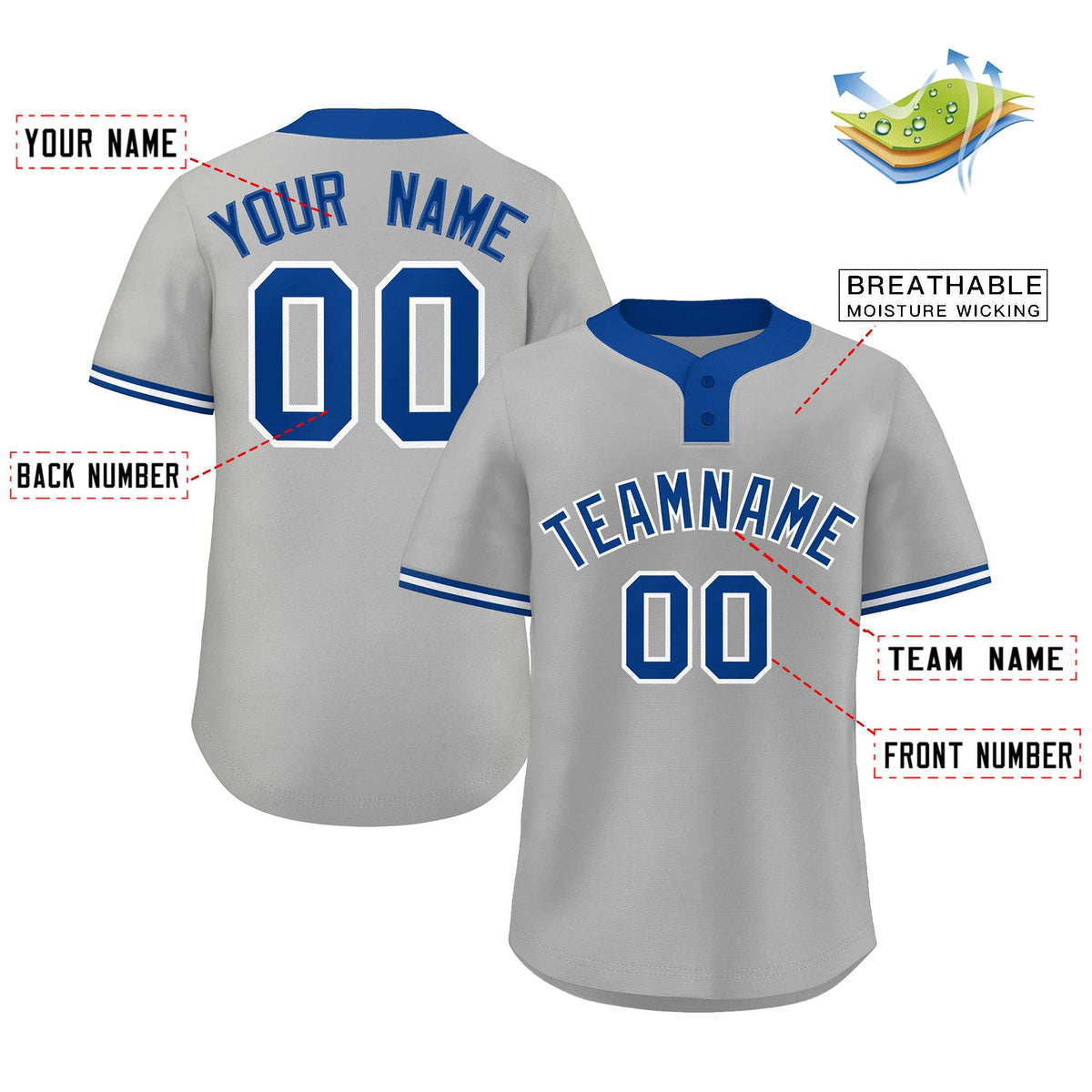 Custom Gray Royal-White Classic Style Authentic Two-Button Softball Jersey