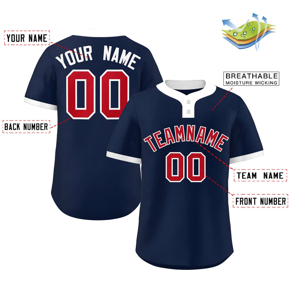 Custom Navy Red-White Classic Style Authentic Two-Button Softball Jersey