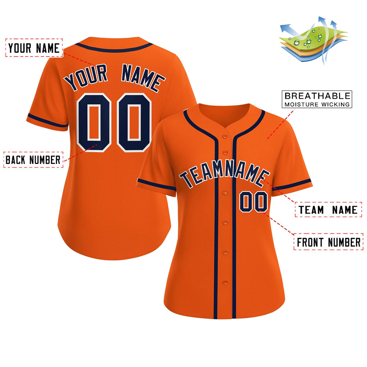 Custom Orange Navy-White Classic Style Baseball Jersey For Women