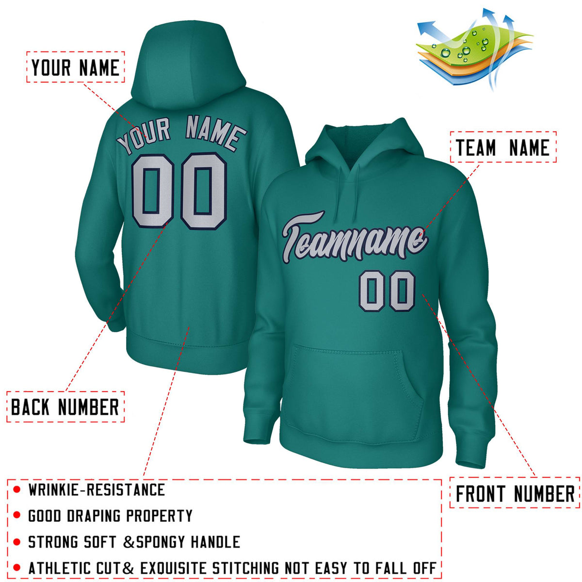 Custom Stitched Aqua Gray Navy Classic Style Sweatshirt Pullover Hoodie| KXKSHOP