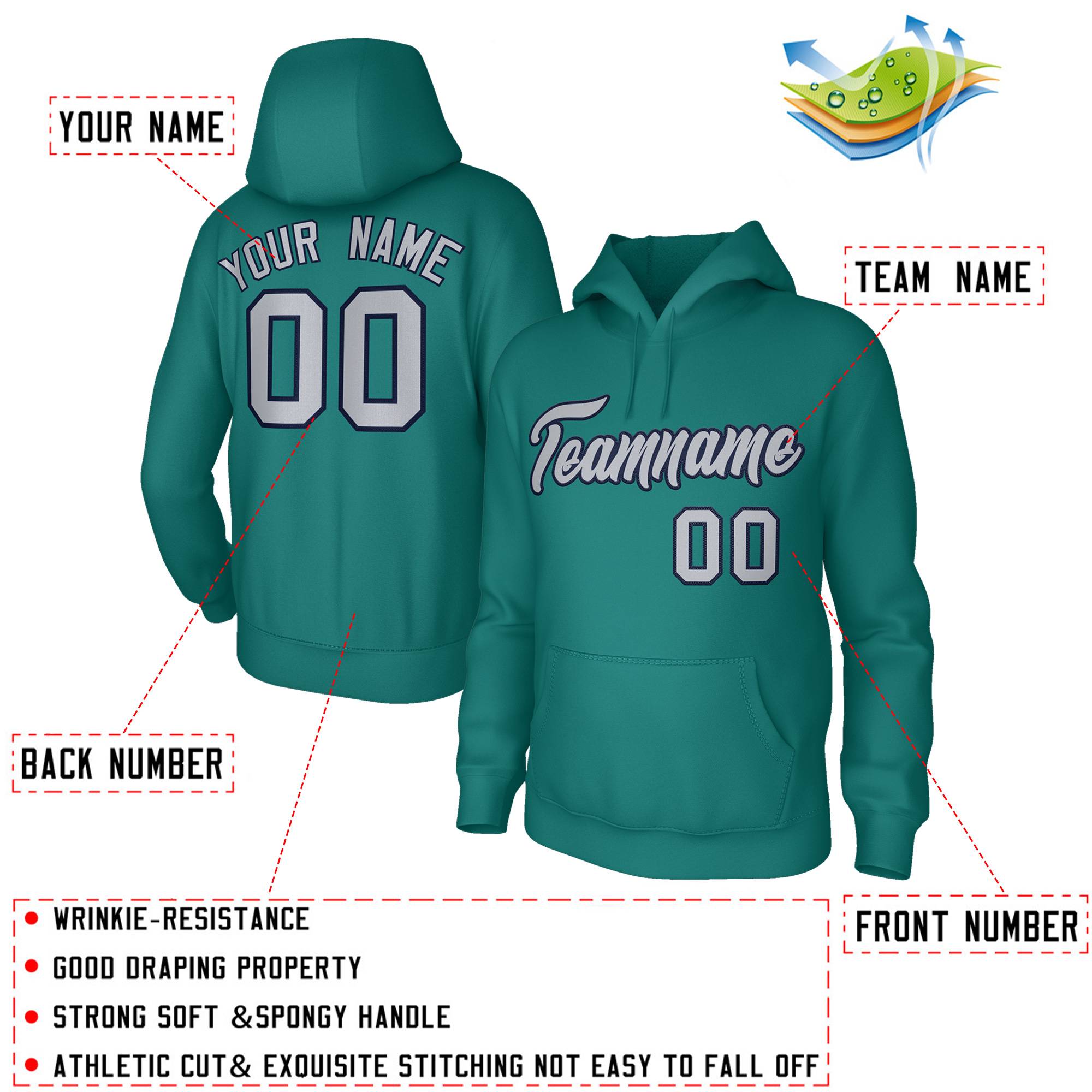 Custom Stitched Aqua Gray Navy Classic Style Sweatshirt Pullover Hoodie| KXKSHOP