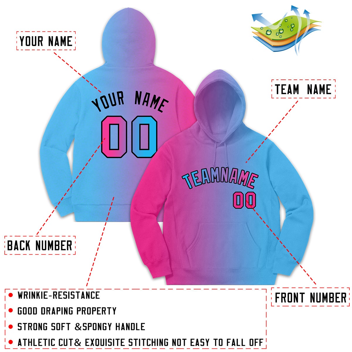 Custom Pink Light Blue Gradient Fashion Casual Pullover Sweatshirt Hoodie| KXKSHOP