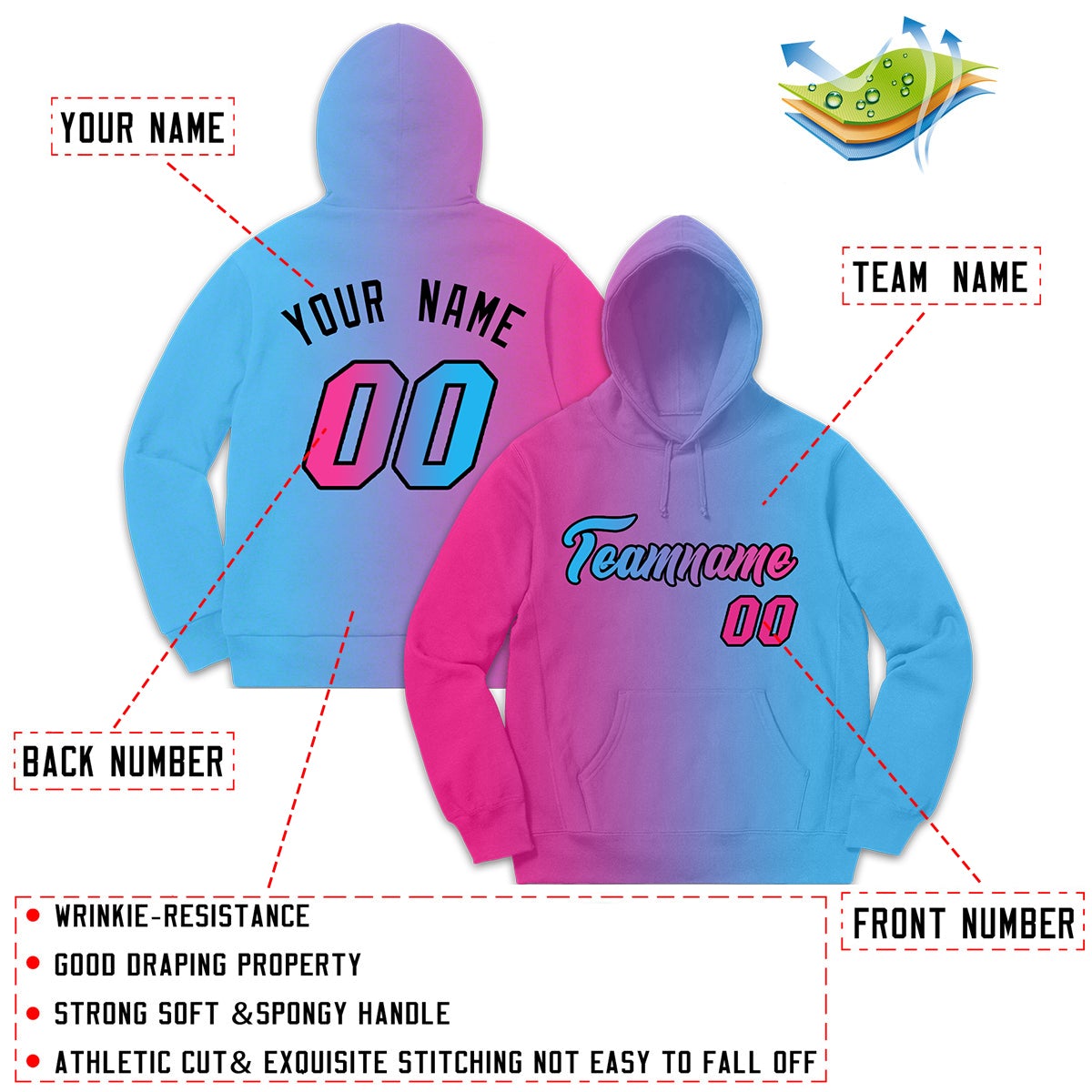 Custom Pink Light Blue Gradient Fashion Casual Pullover Sweatshirt Hoodie| KXKSHOP