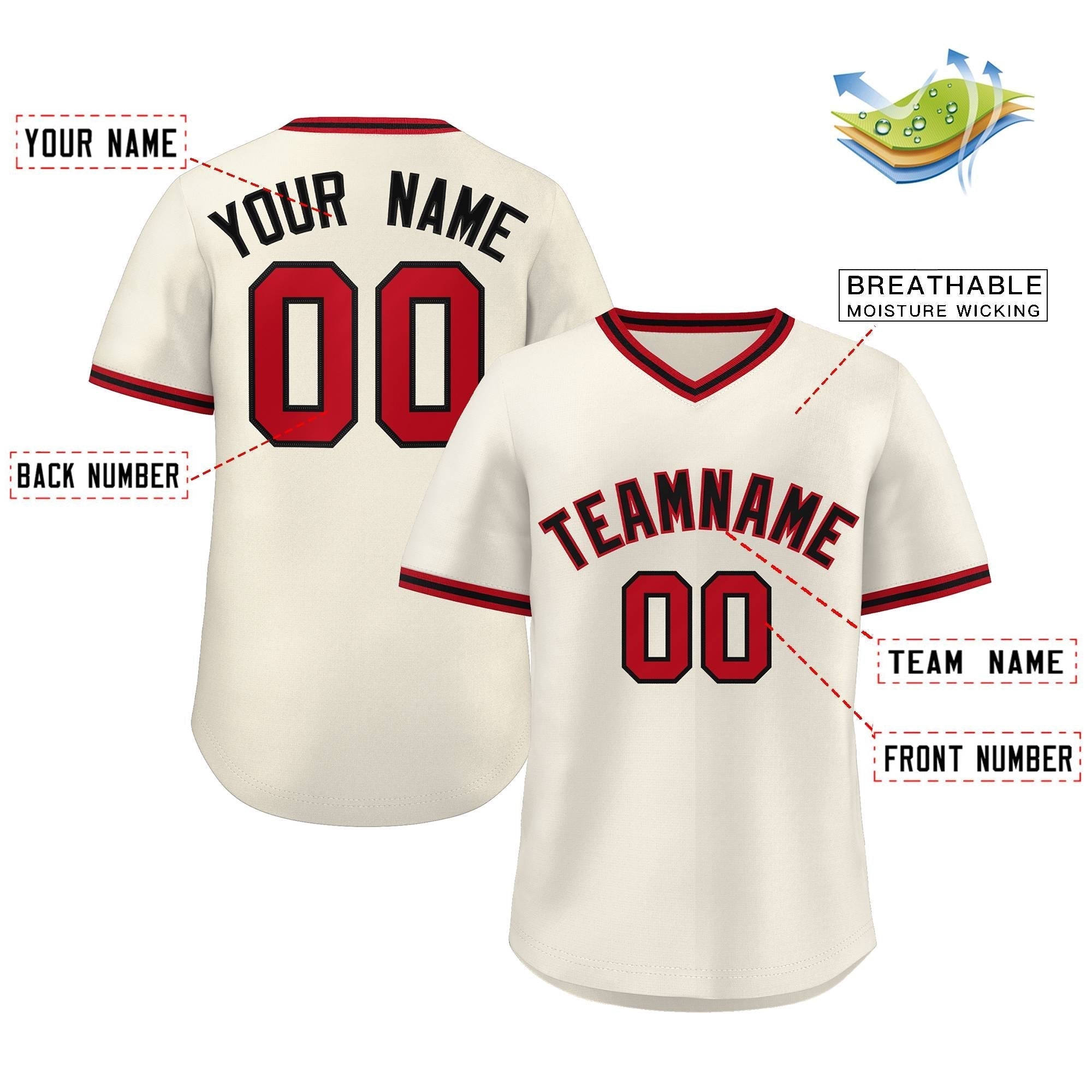 Maillot de baseball d'extérieur authentique, style classique, rouge et noir, crème personnalisé