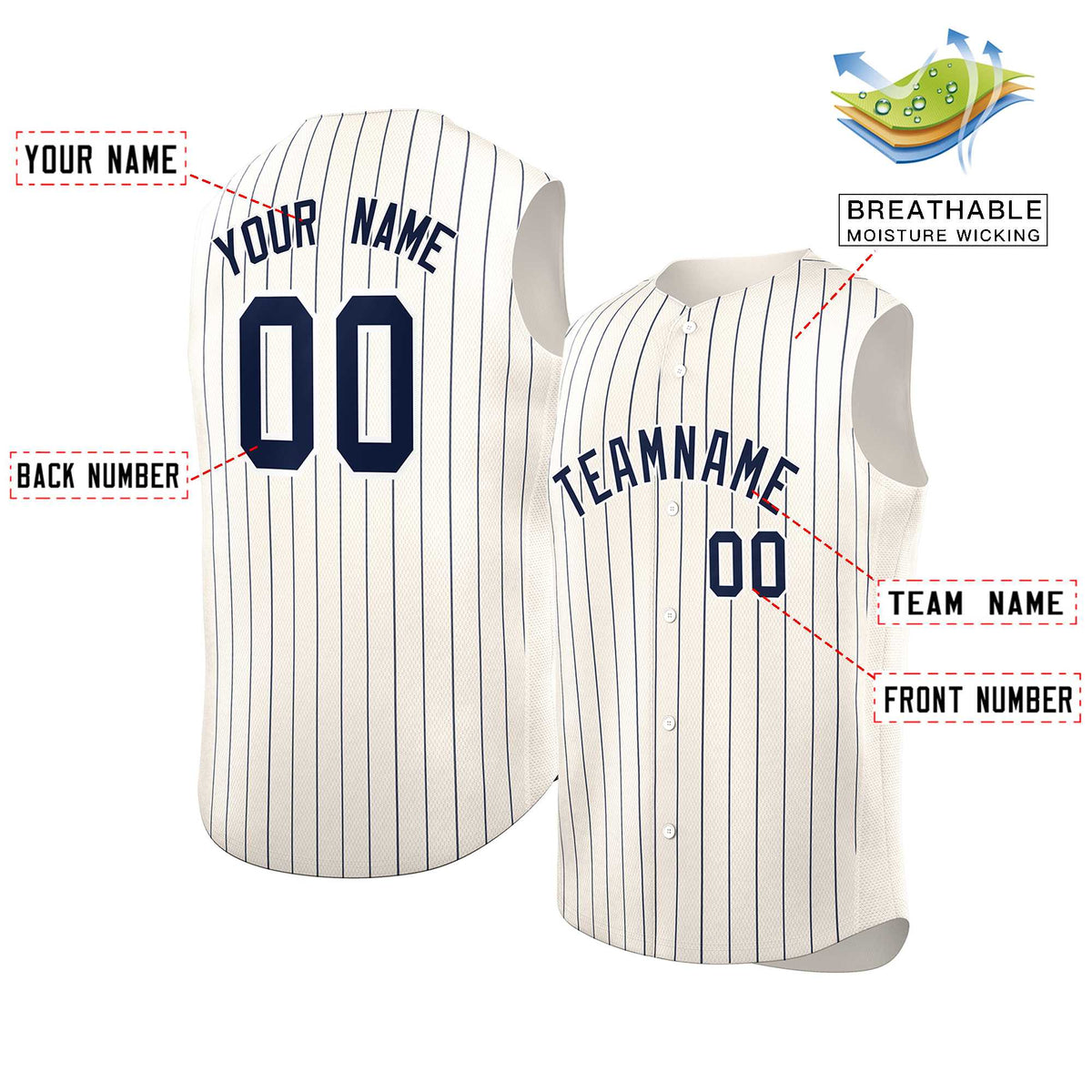 Custom Cream Navy-White Sleeveless Stripe Fashion Baseball Jersey