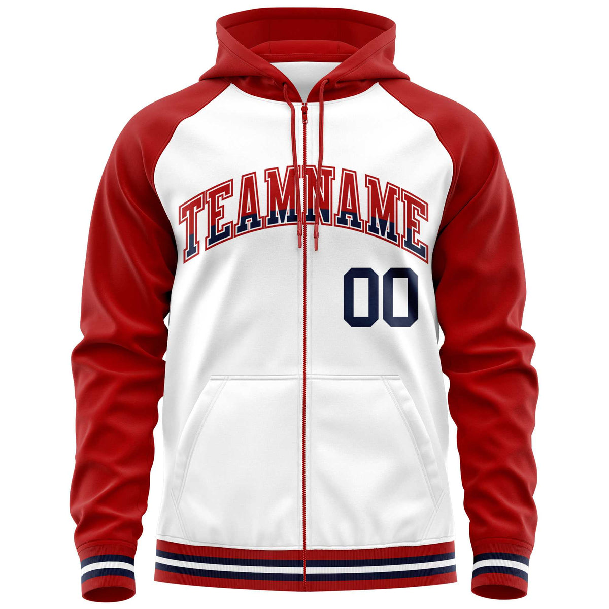 Custom Stitched White Red Raglan Sleeves Sports Full-Zip Sweatshirt Hoodie| KXKSHOP