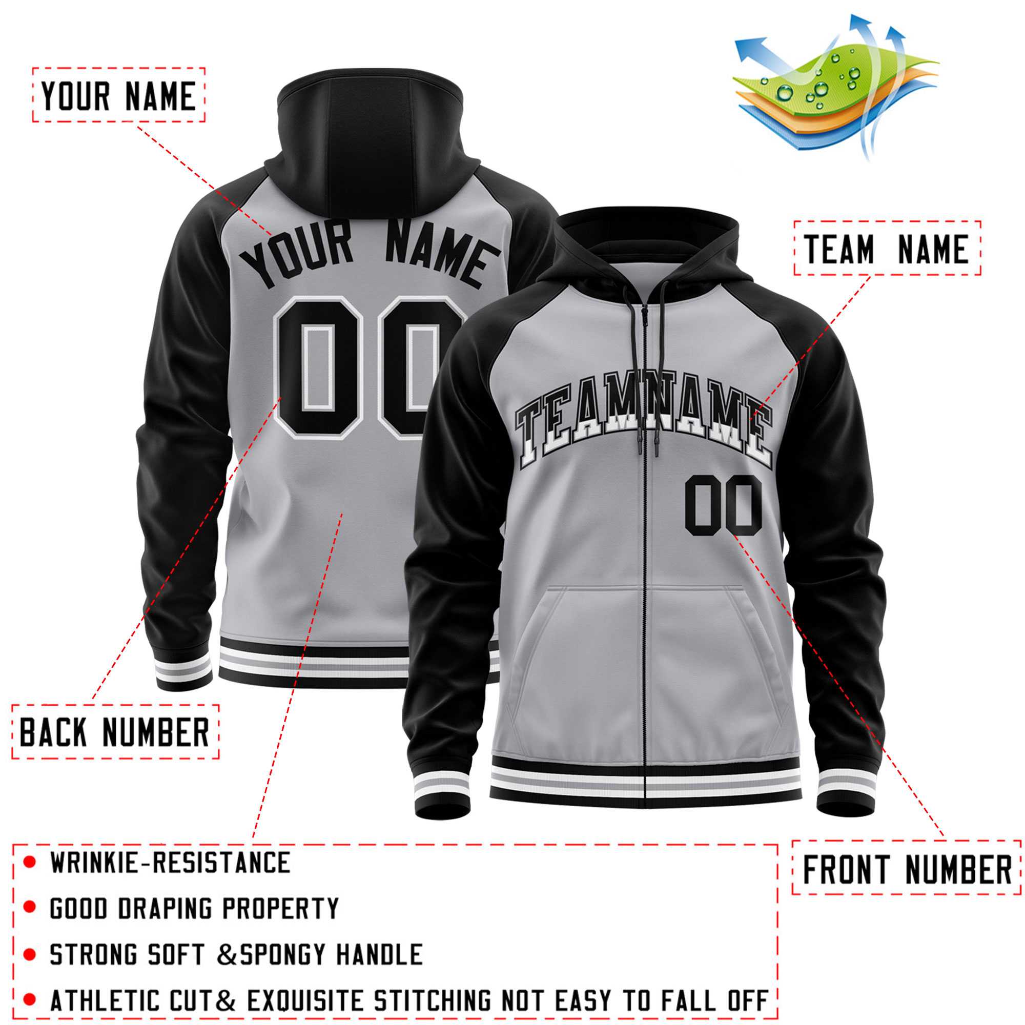 Custom Stitched Gray Black Raglan Sleeves Sports Full-Zip Sweatshirt Hoodie| KXKSHOP
