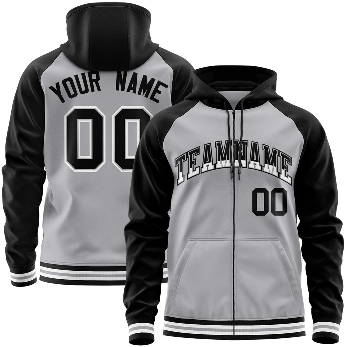 Custom Stitched Gray Black Raglan Sleeves Sports Full-Zip Sweatshirt Hoodie| KXKSHOP