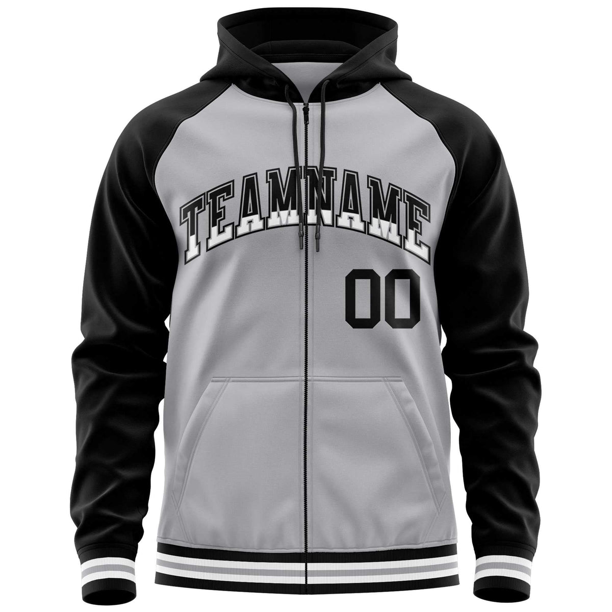 Custom Stitched Gray Black Raglan Sleeves Sports Full-Zip Sweatshirt Hoodie| KXKSHOP
