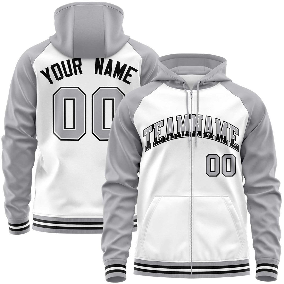 Custom Stitched White Light Gray Raglan Sleeves Sports Full-Zip Sweatshirt Hoodie| KXKSHOP