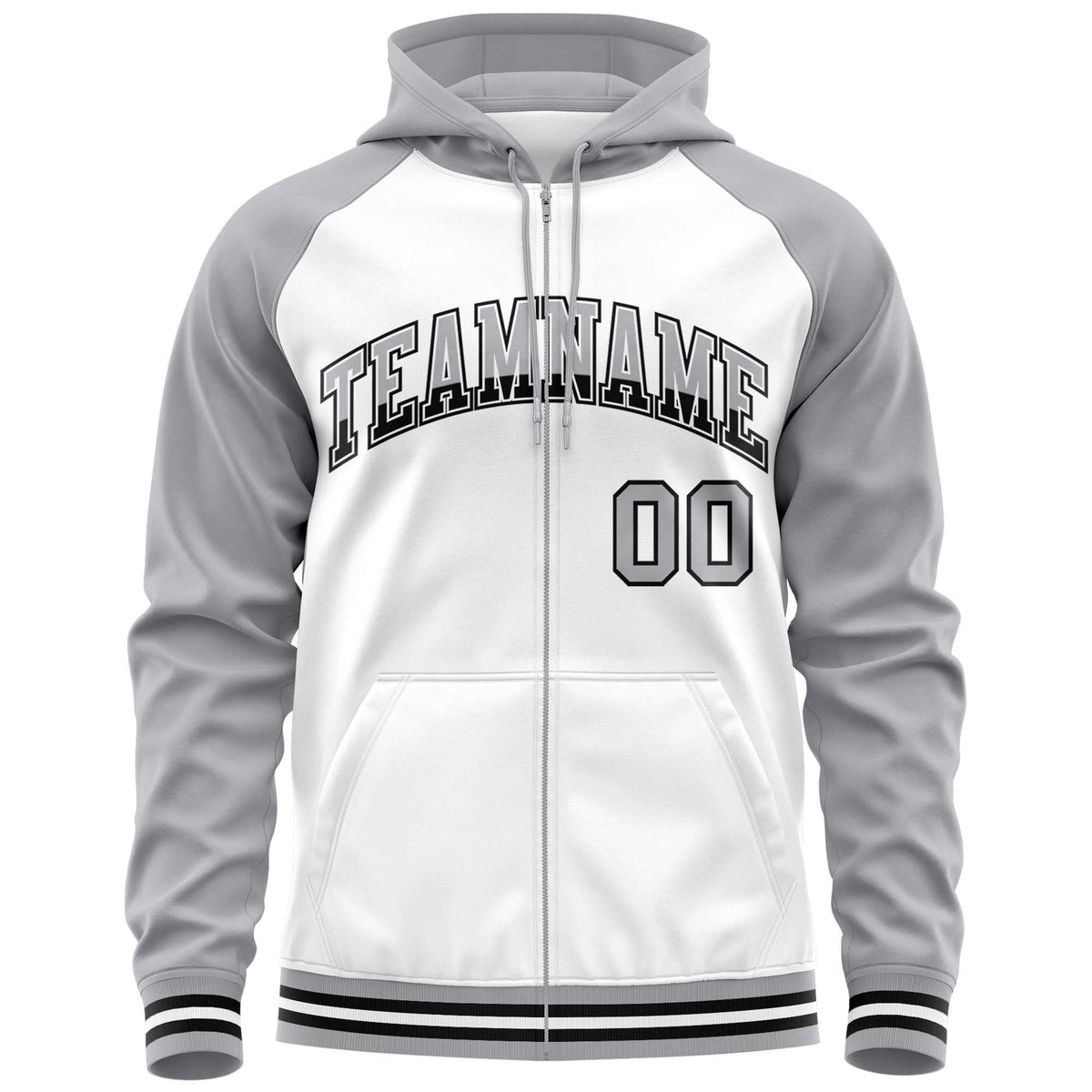 Custom Stitched White Light Gray Raglan Sleeves Sports Full-Zip Sweatshirt Hoodie| KXKSHOP