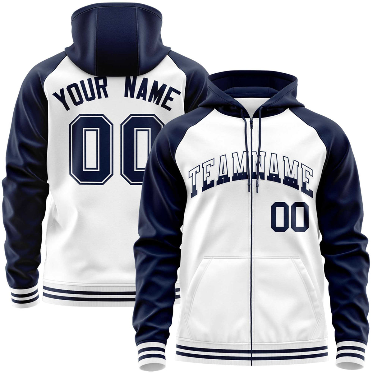 Custom Stitched White Navy Raglan Sleeves Sports Full-Zip Sweatshirt Hoodie| KXKSHOP